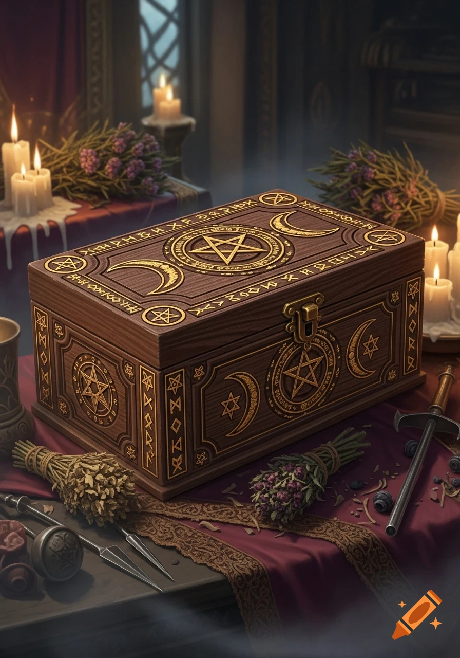 A decorative wooden box with golden pentagrams, triple moons, and runic symbols, surrounded by candles, dried herbs, and occult tools on a crimson cloth.