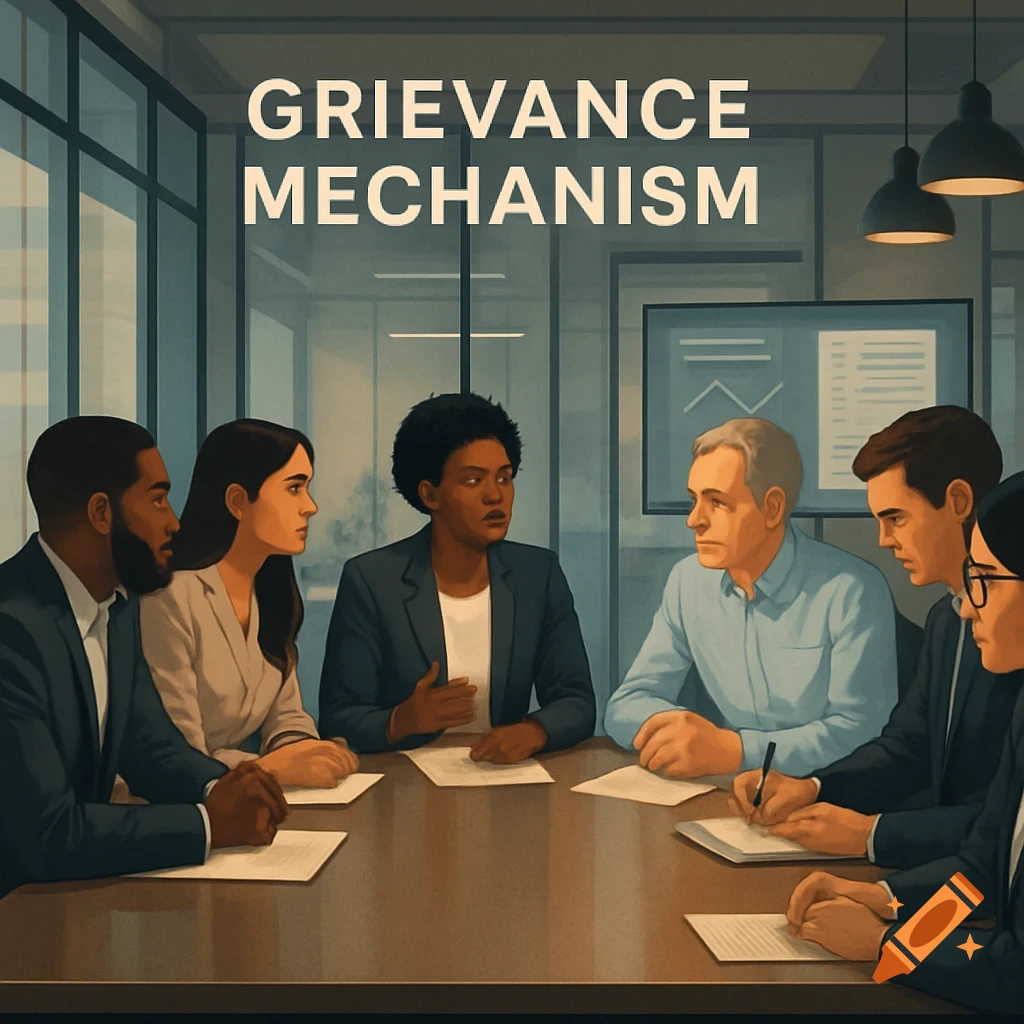 A stylized illustration of a diverse group of professionals in a meeting room, with "GRIEVANCE MECHANISM" text overhead.