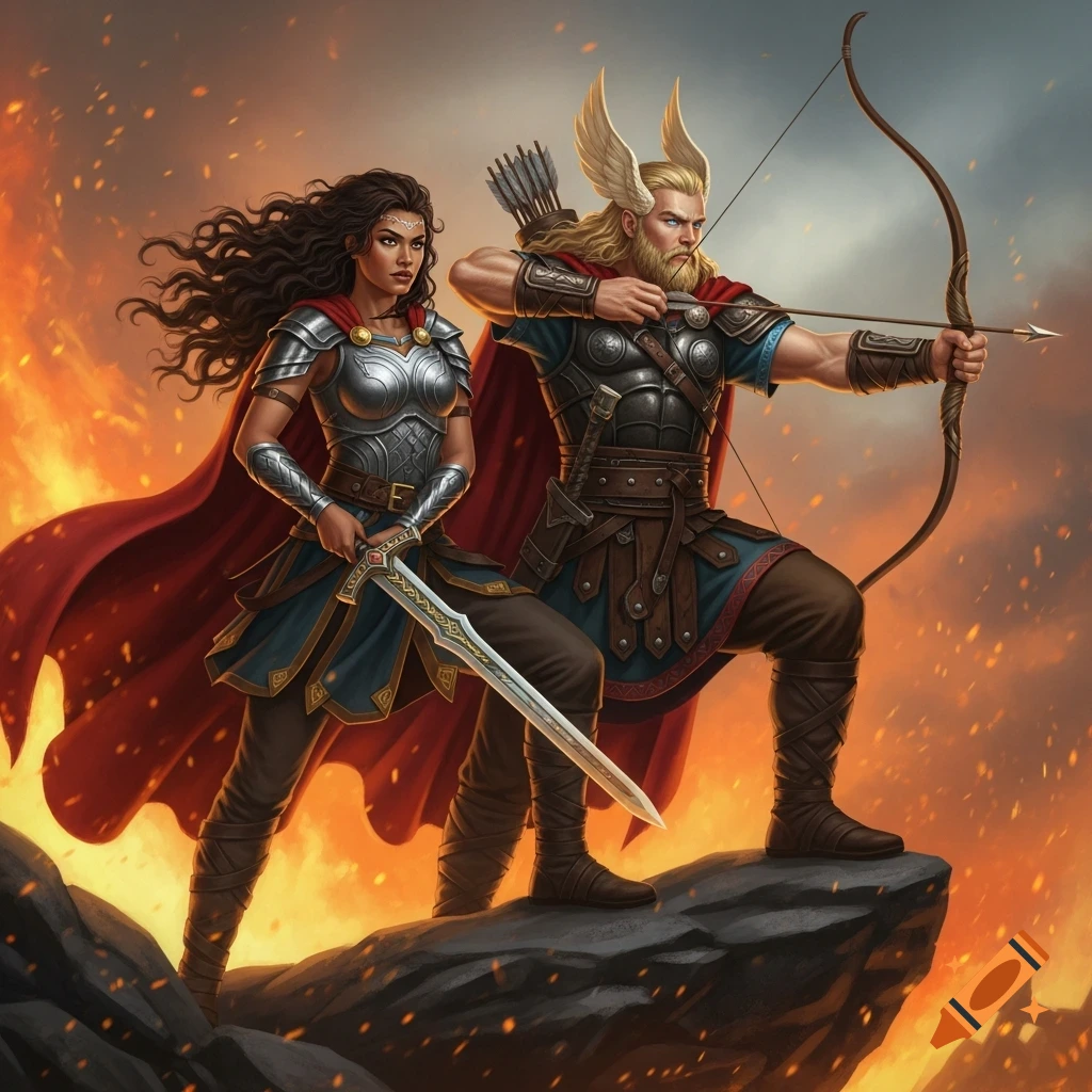 A female warrior with a sword and a male archer with a bow stand heroically on a rock, with a fiery battle background.