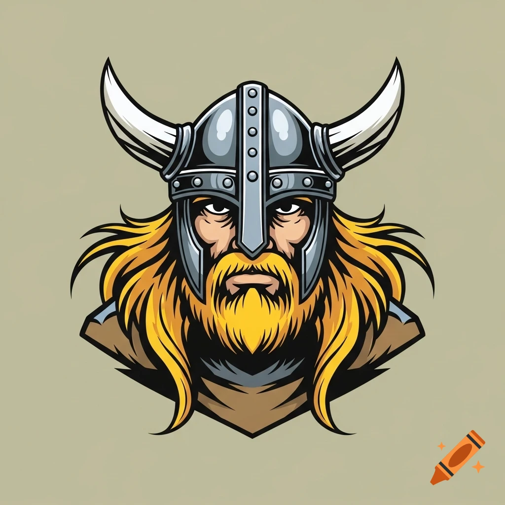 Vector illustration of a viking head with a yellow beard and hair, wearing a silver horned helmet, on a plain background.