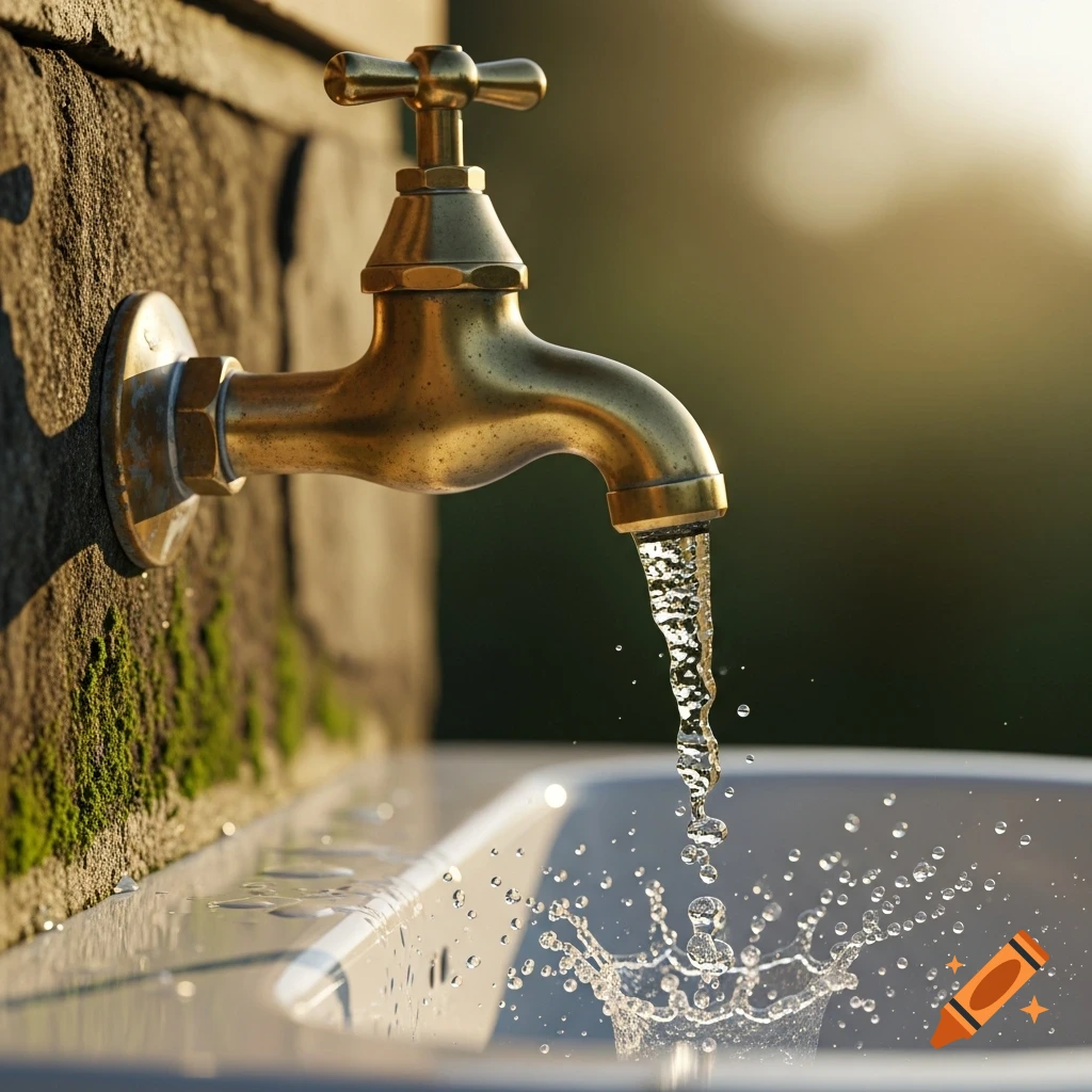 Photorealistic close-up of a brass faucet on a mossy stone wall, with water splashing into a white sink under warm sunlight.
