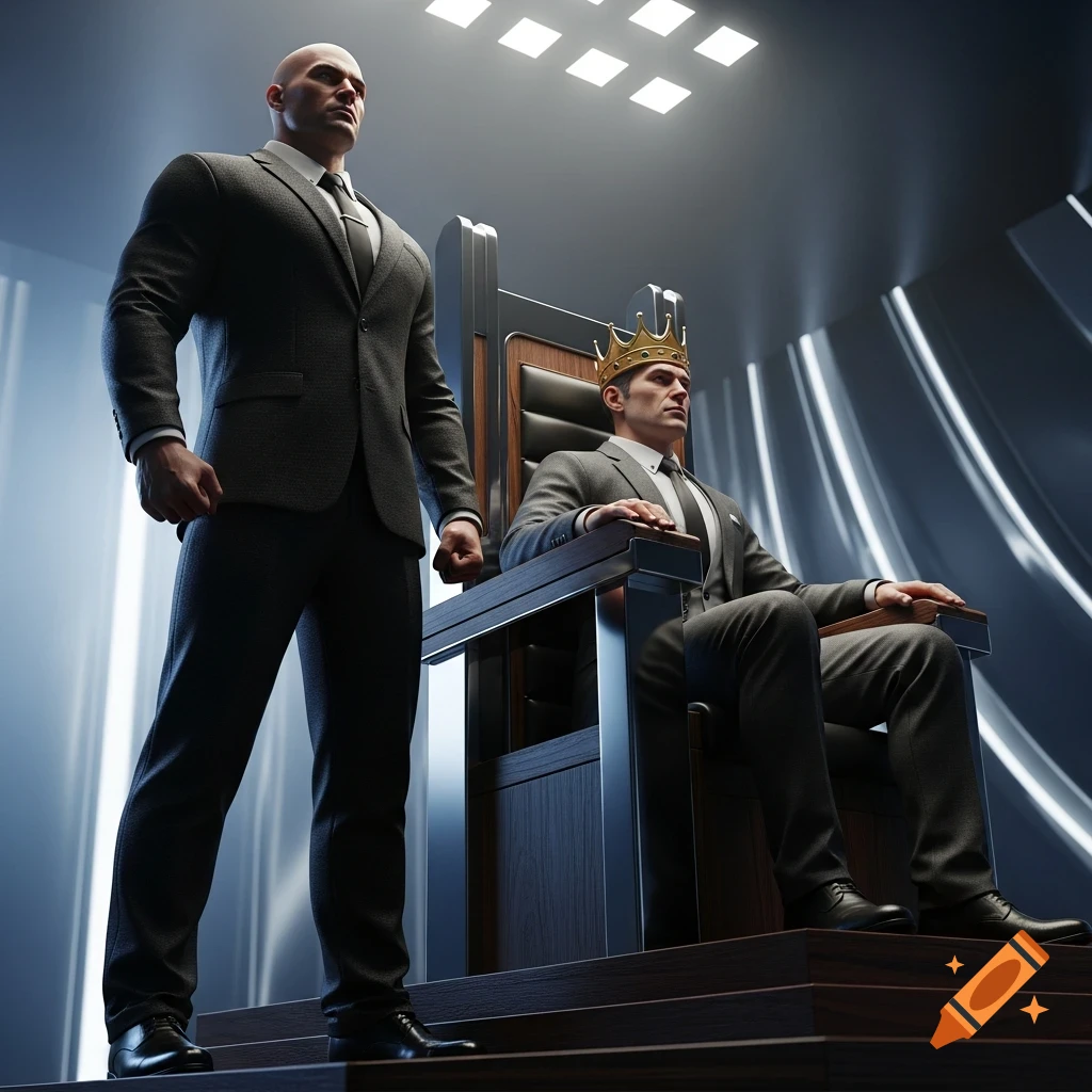 A bald bodyguard in a suit stands powerfully next to a king in a crown, sitting on a modern throne in a sleek, futuristic room. Photorealistic.