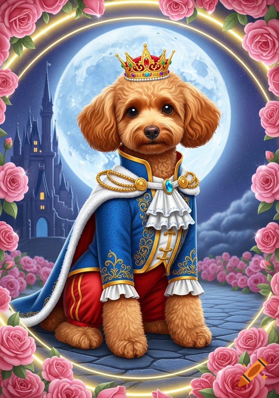 An apricot poodle dog in a blue prince suit and crown sits among pink roses, with a castle and full moon in the background.