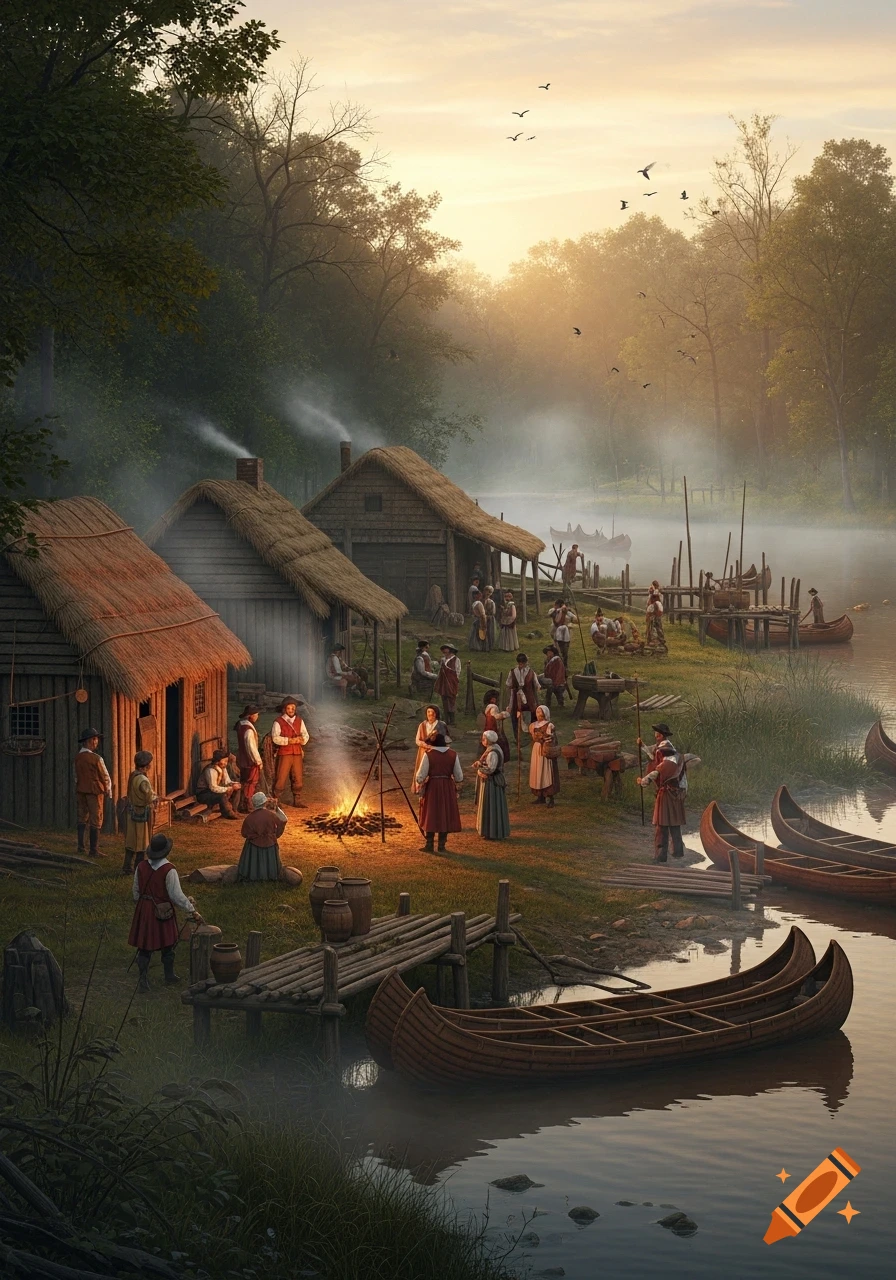 A bustling historical settlement scene by a misty river at sunrise, with people, thatched huts, campfires, and canoes.