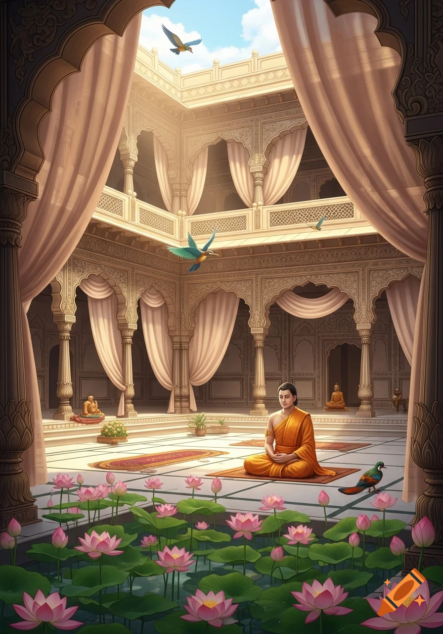 A meditating figure in an ornate palace courtyard with lotus flowers in the foreground, birds flying, and other meditating figures in the background.