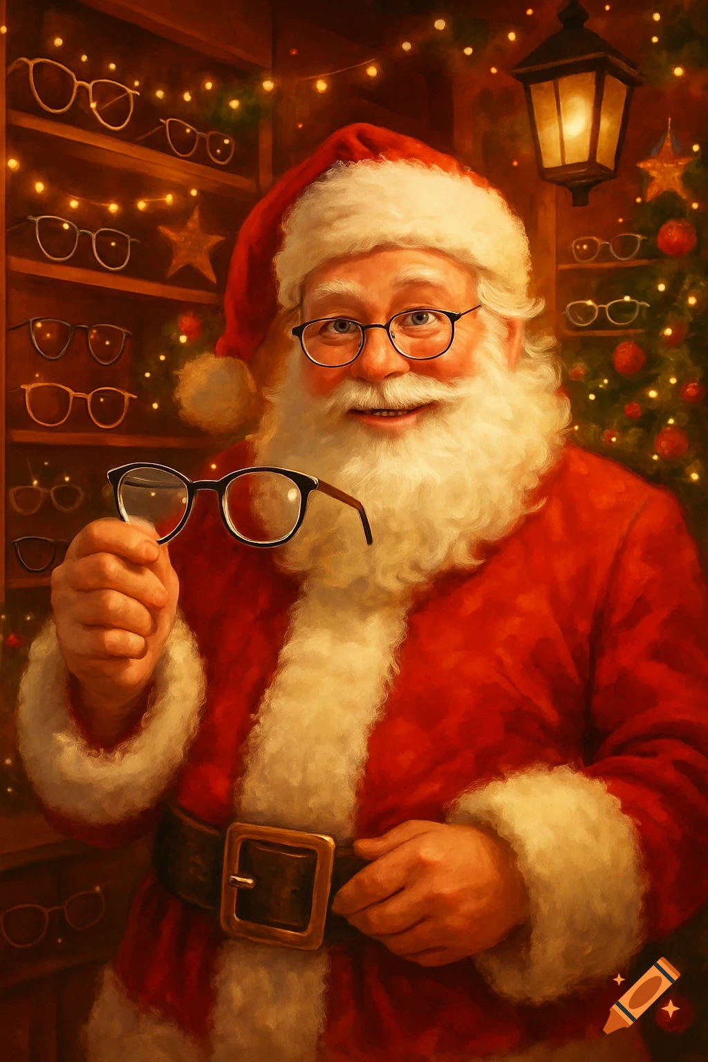 A smiling Santa Claus, wearing glasses, holds up another pair in a festive optical shop decorated with Christmas lights.