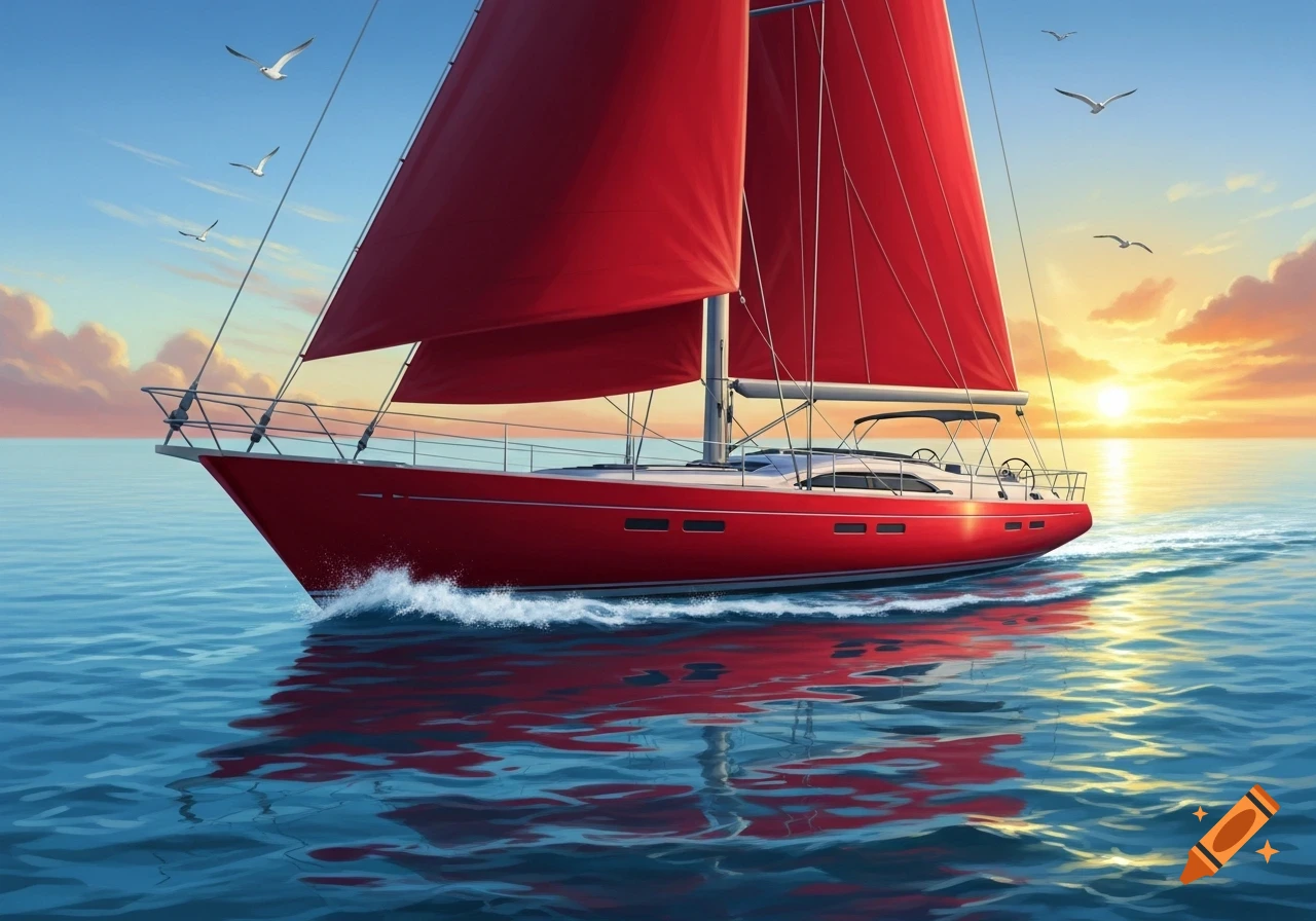 A red sailboat with red sails glides on blue ocean waves at sunset, with seagulls flying in the sky.
