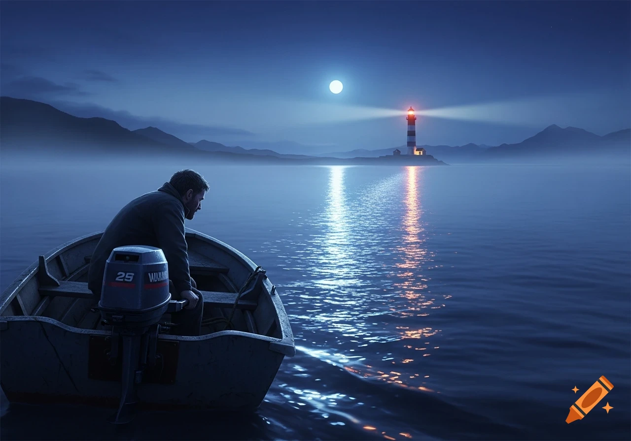 A man in a small boat faces a distant lighthouse under a full moon, with a reflection shimmering across the dark water.