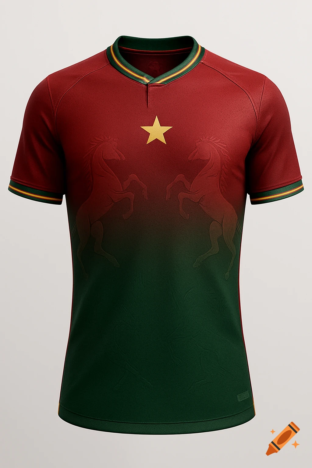 A red and deep green gradient soccer jersey featuring a gold star on the chest, subtle embossed rearing horse motifs, and striped collar and cuffs.