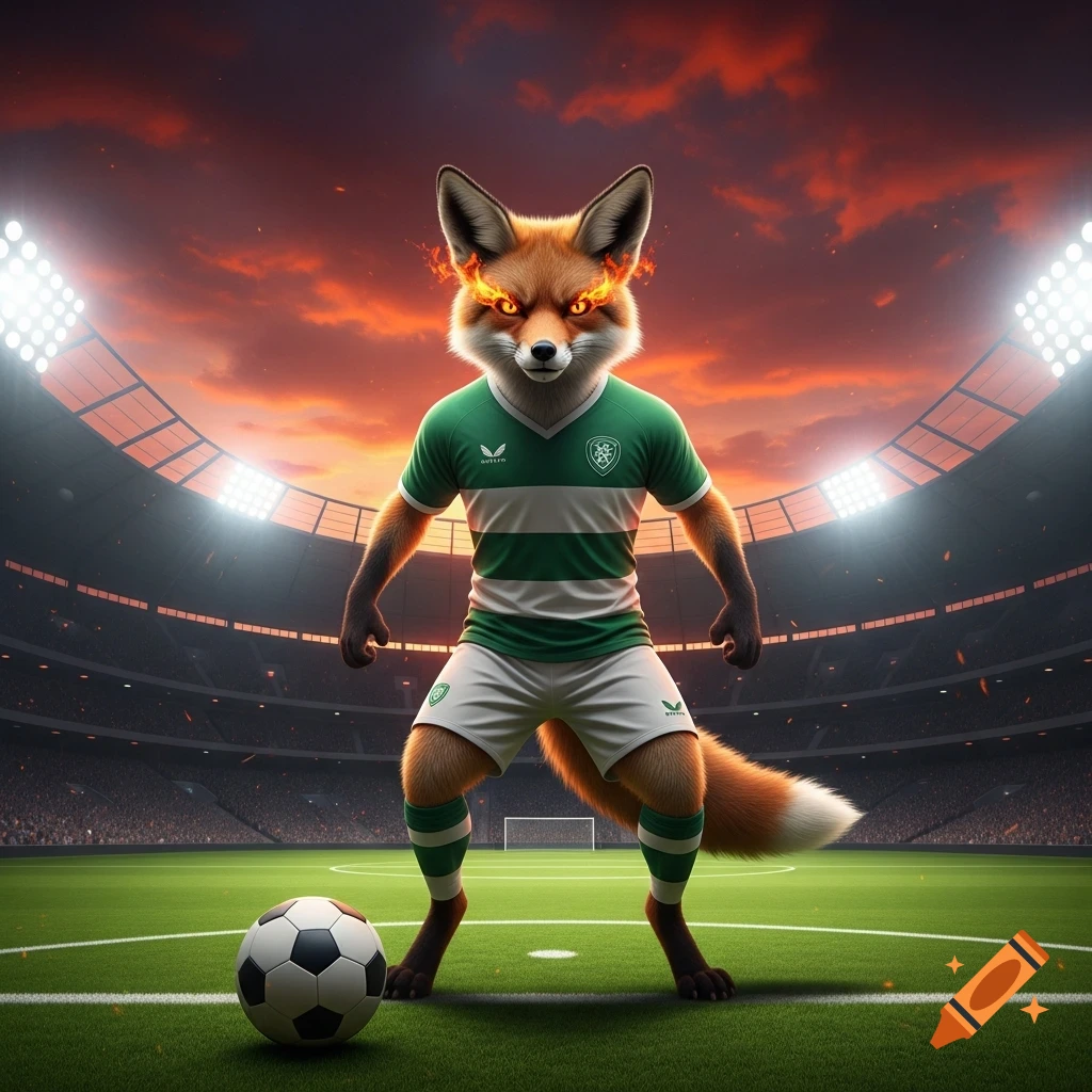 An anthropomorphic fox with fiery eyes in a green and white soccer uniform stands on a field with a ball under a red sky in a stadium.