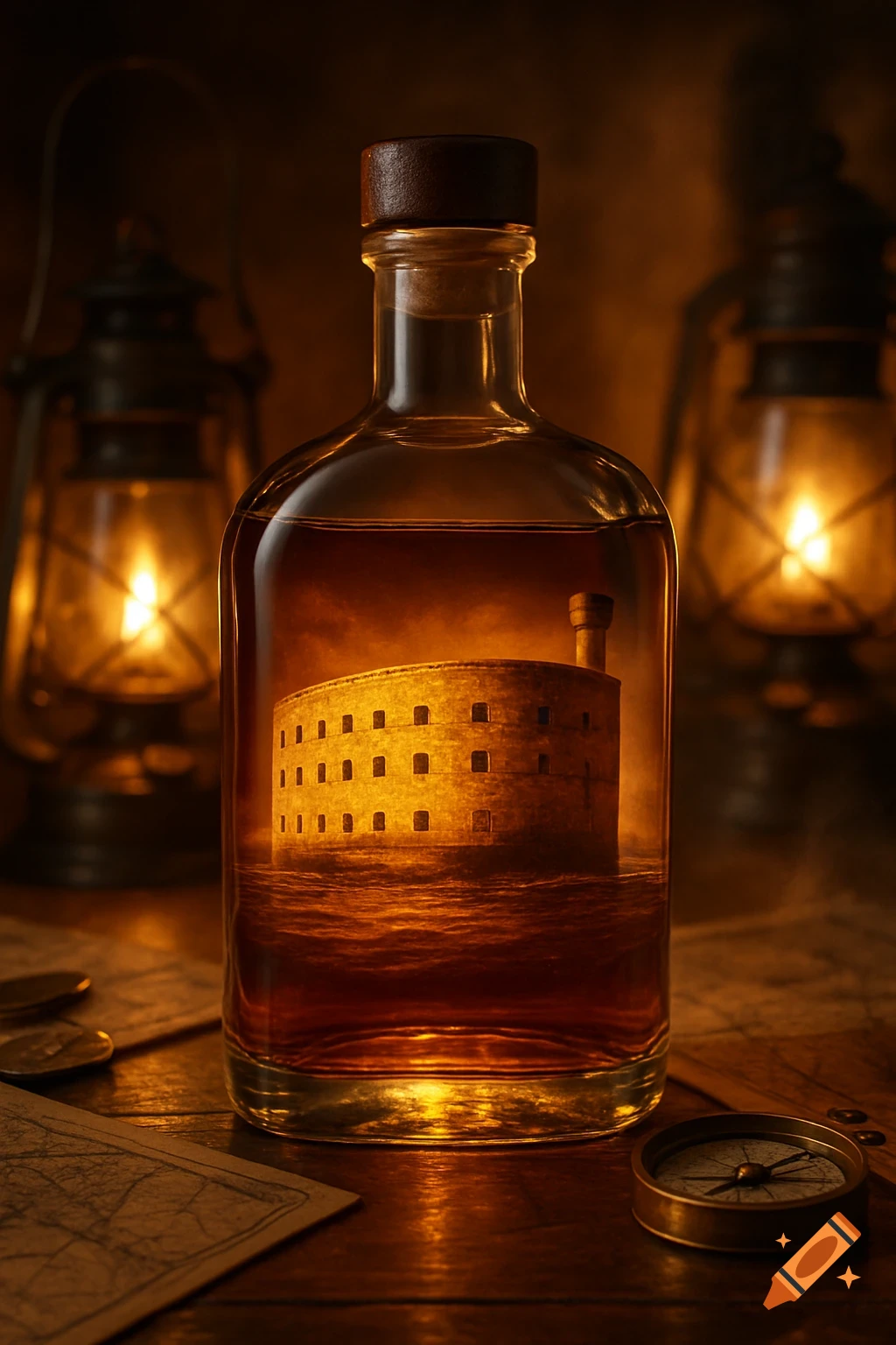 A photorealistic bottle containing a glowing fortress on water, surrounded by old lanterns, maps, and a compass on a wooden table.