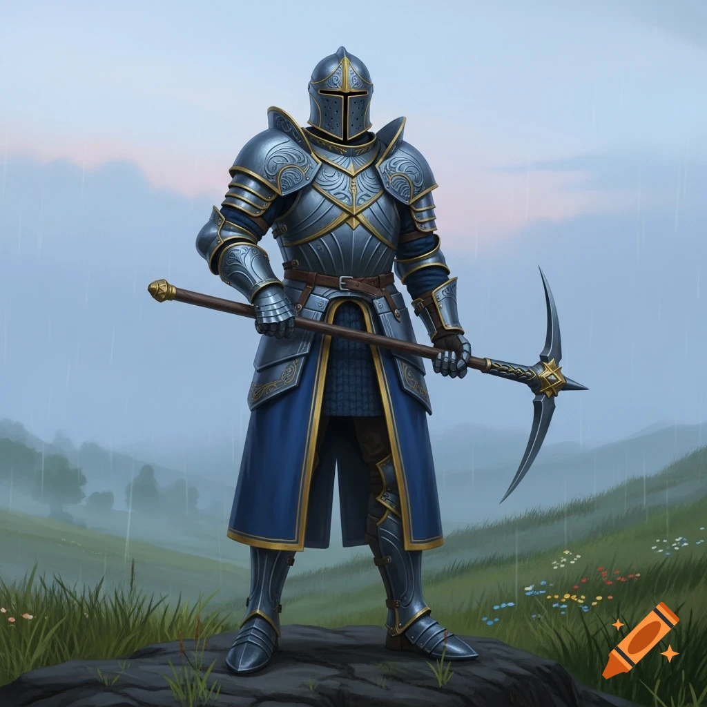 A knight in elaborate blue and gold plated armor stands holding a pickaxe in a grassy, misty landscape.