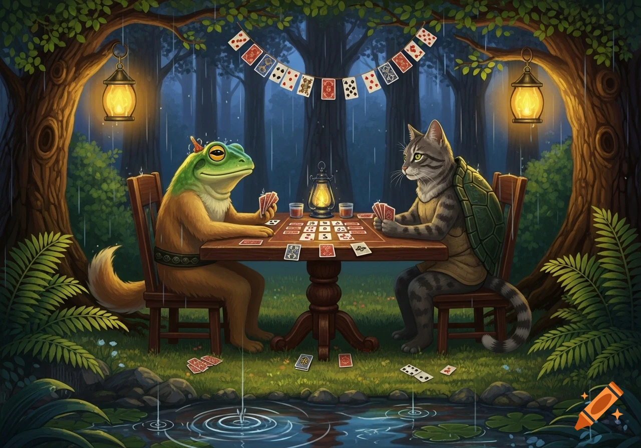 A frog-headed, furry creature and a cat-like creature with a turtle shell play cards at a table in a rainy, magical forest at night, lit by lanterns.