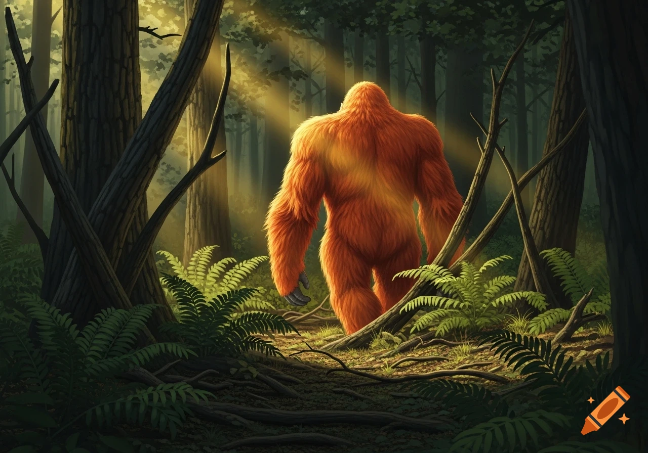 A realistic orange Sasquatch walks away through a sunlit, dense forest with ferns.
