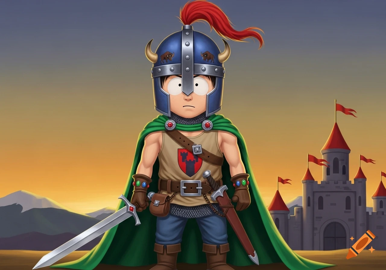 Cartoon Stan Marsh as a medieval warrior in a blue helmet and green cape, holding a sword, standing before a castle at sunset.