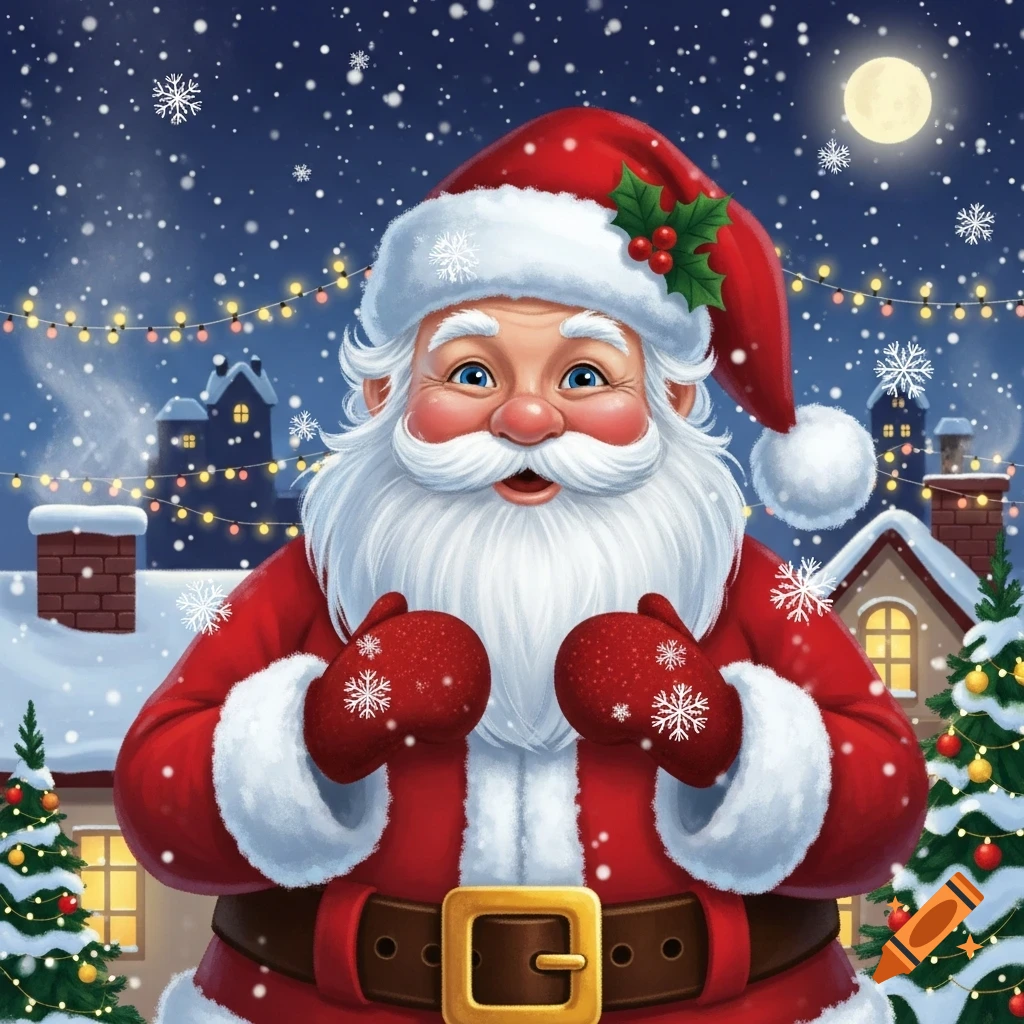 Smiling Santa Claus in a snowy village at night, with Christmas lights, decorated trees, and a full moon.