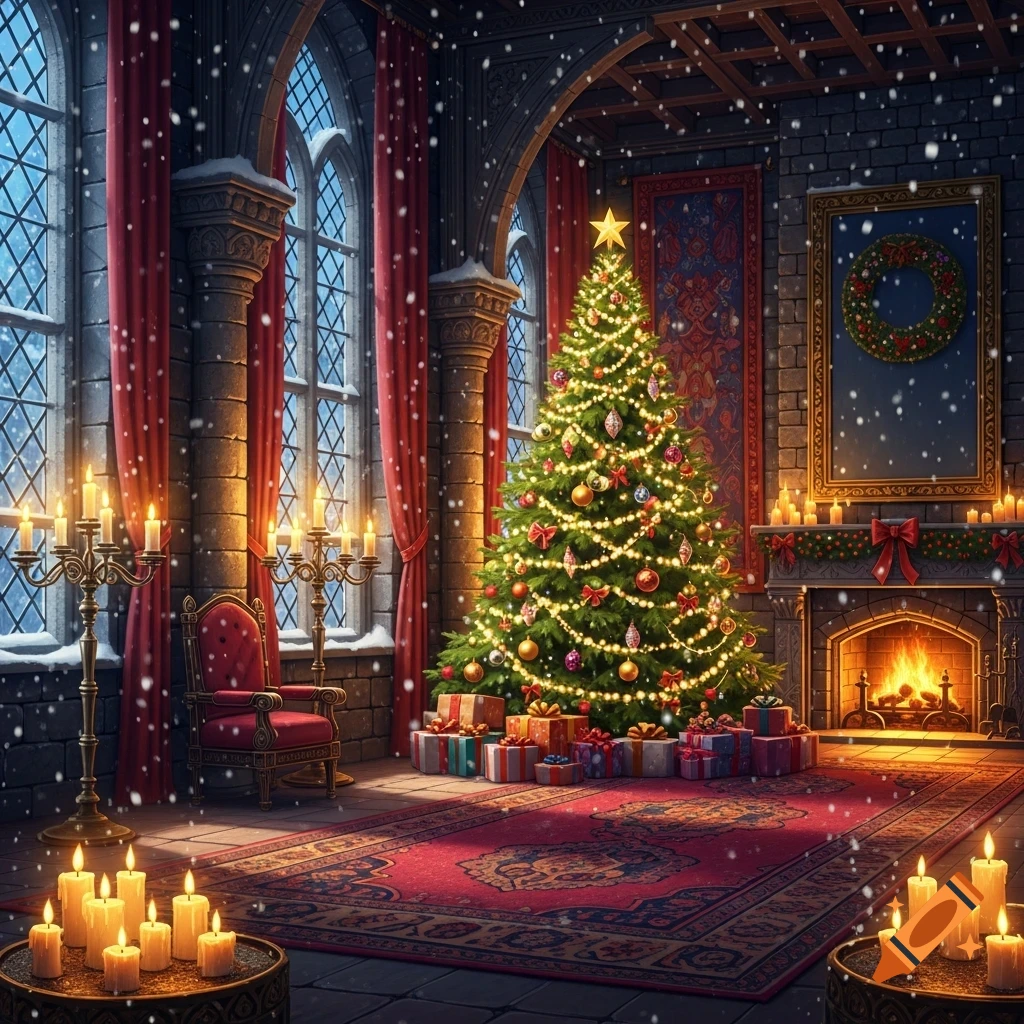 A grand castle hall decorated for Christmas with a large tree, presents, lit fireplace, many candles, and Gothic windows with snow falling outside.