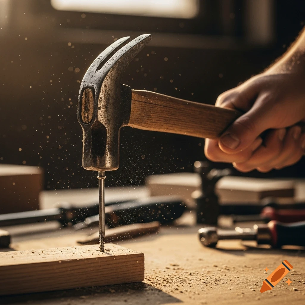 Close-up of a claw hammer positioned over a screw embedded in a wooden plank, with sawdust and other tools in the background under warm light.