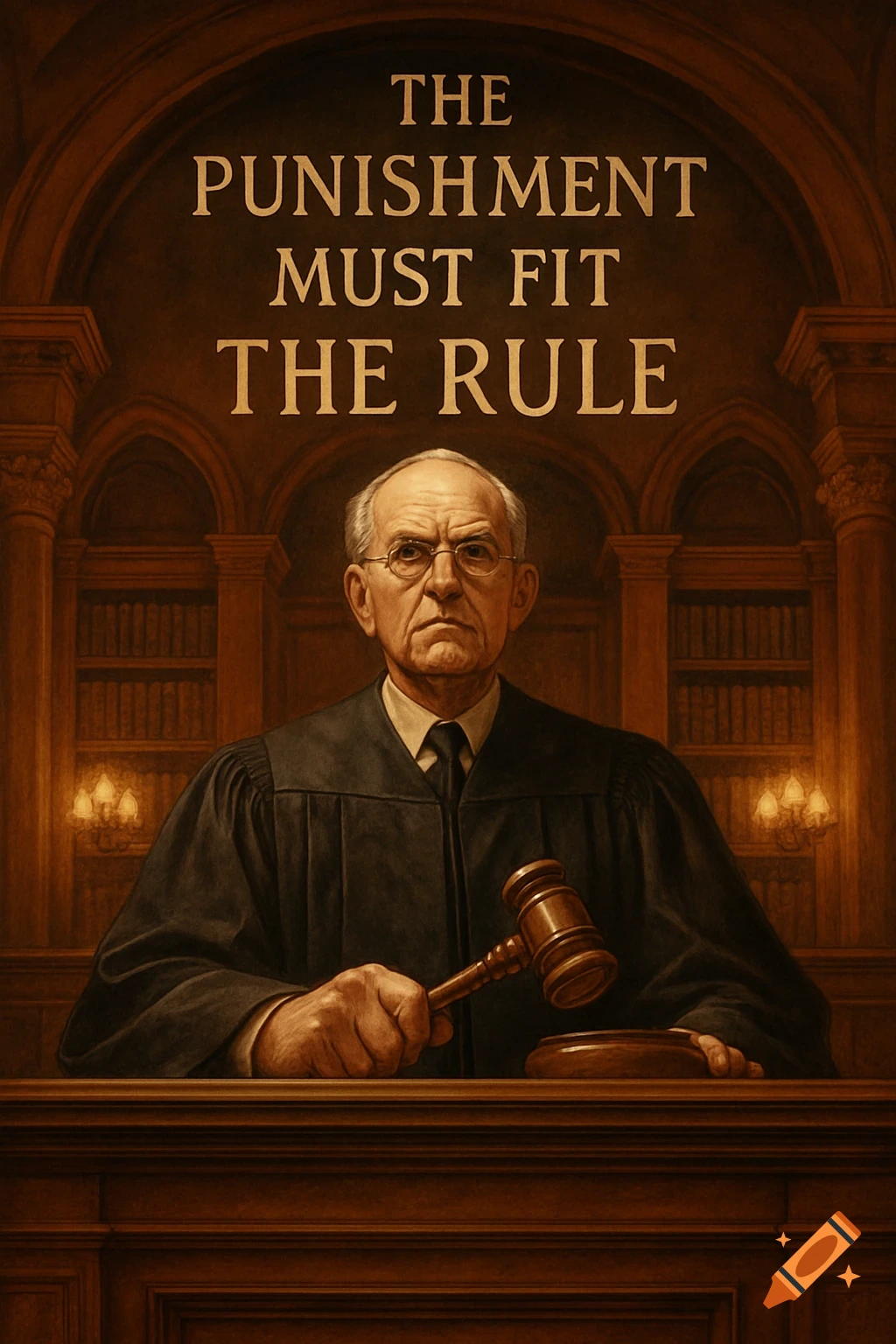 A painting of a solemn judge in black robes holding a gavel, with the text 'THE PUNISHMENT MUST FIT THE RULE' above him in a courtroom.