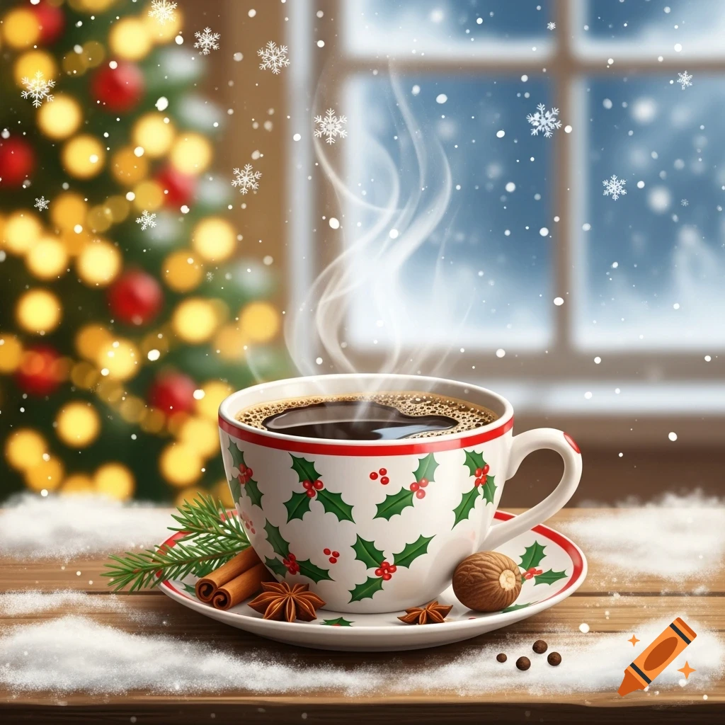 Steaming coffee in a white cup with holly design, on a snowy wooden table with spices, against a blurred Christmas tree and snowy window.
