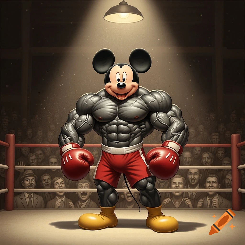 Mickey Mouse as an ultra buff bodybuilder, wearing red boxing shorts and gloves, poses in a spotlighted boxing ring.