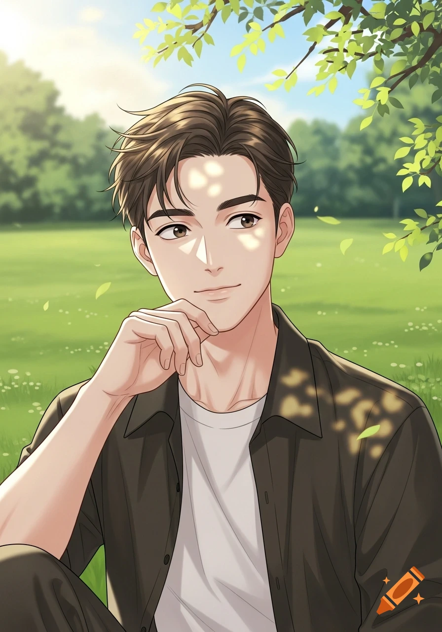 Anime-style man with brown hair, white t-shirt, and dark button-up shirt, sitting in a sunny green park with dappled light.