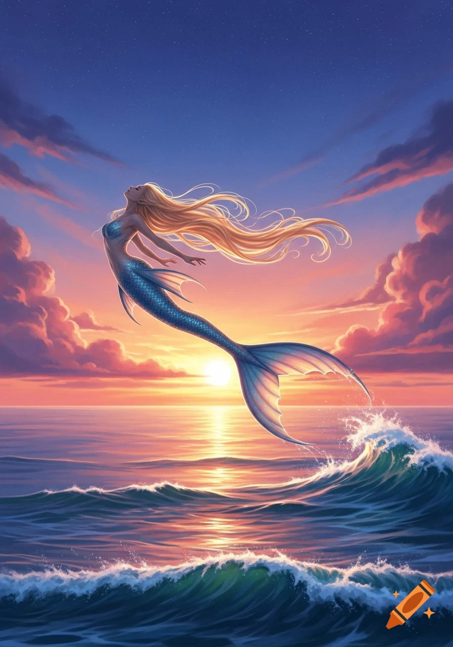 A mermaid with long blonde hair leaps from the ocean at sunset, against a sky with pink clouds and stars.