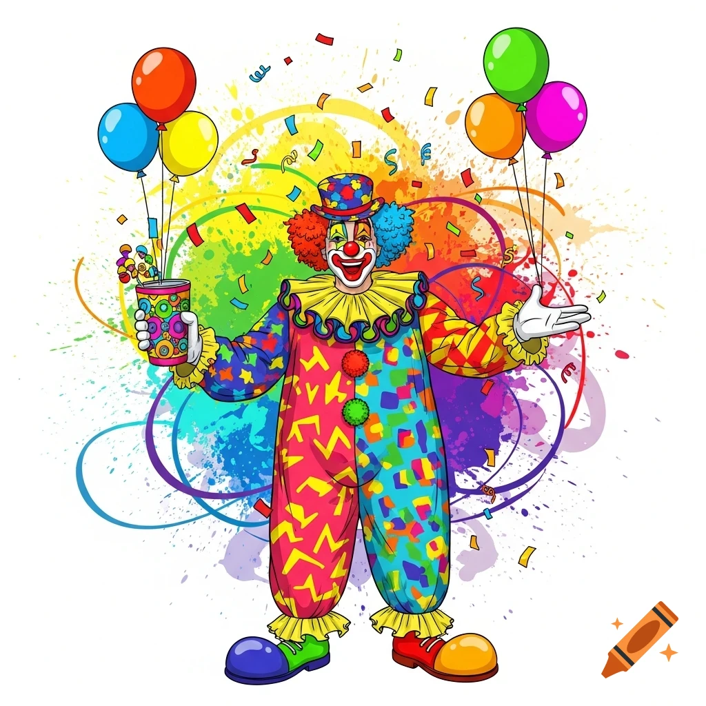 A vibrant, colorful clown in a patchwork suit, holding balloons and a confetti cup amidst a rainbow splatter background.