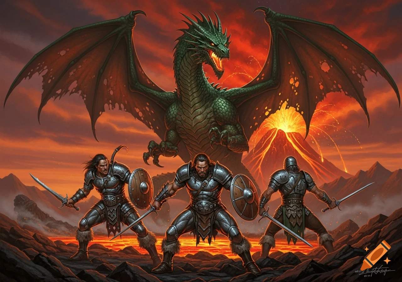 Three muscular warriors in armor stand on rocky terrain, swords drawn, facing a large green dragon with wings spread against a fiery, volcanic landscape.