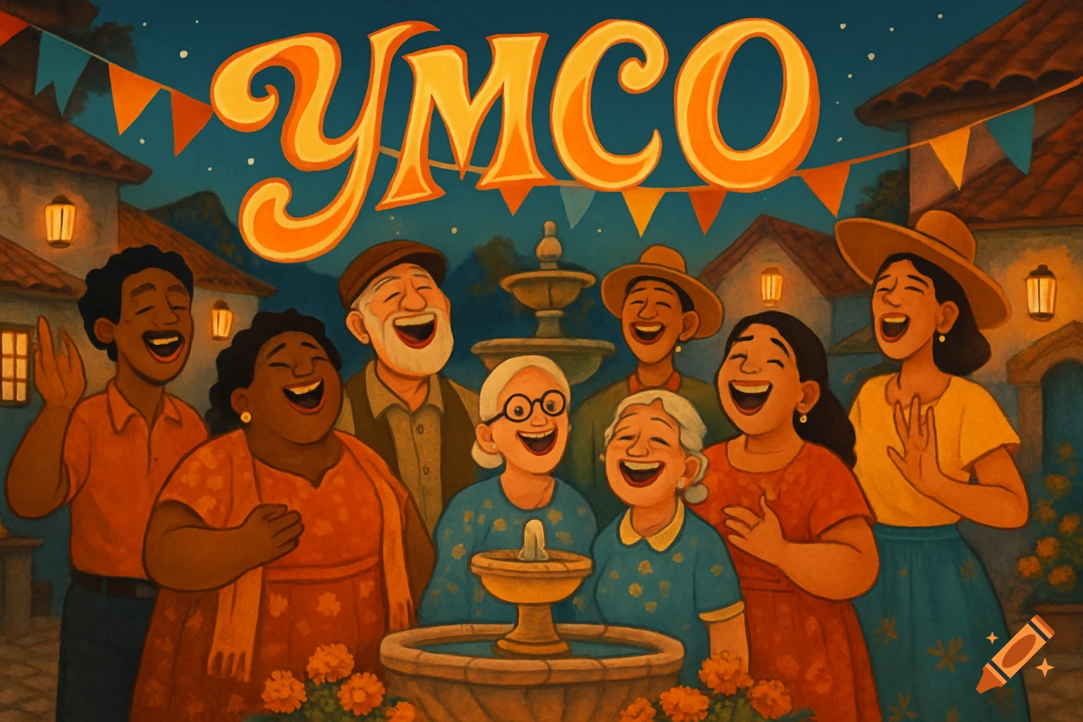 Stylized illustration of a diverse group of people laughing and singing in a village at night. A 'YMCO' banner hangs above them.