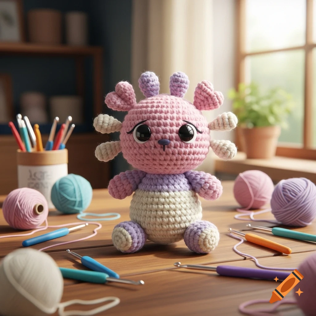 A pastel pink and purple crochet plushie sits on a wooden table surrounded by yarn balls and crochet hooks near a window.