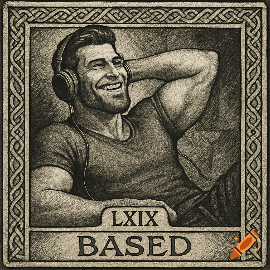 Monochromatic pencil sketch of a smiling man with headphones in a tarot card frame, labeled 'LXIX BASED'.