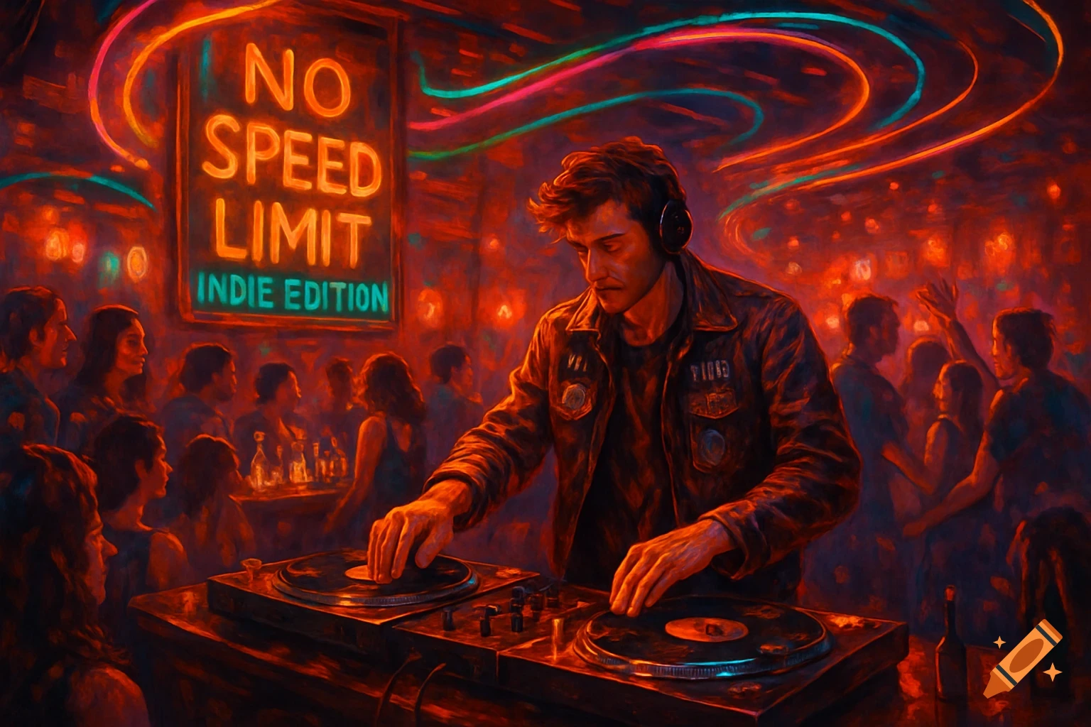 A DJ in headphones plays vinyl at a neon-lit bar with a 'No Speed Limit' sign, surrounded by dancing people. Painterly style.