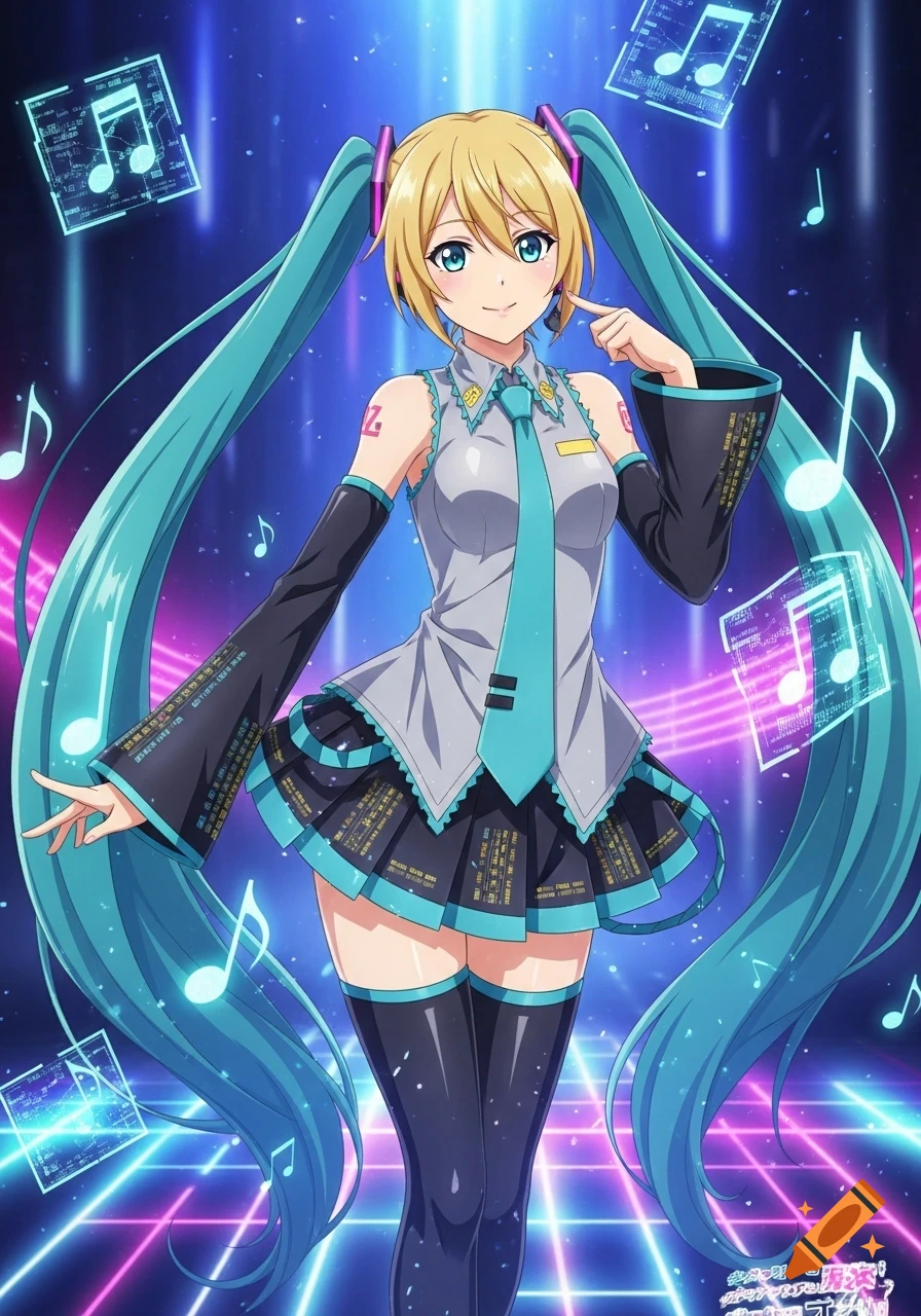 An anime character with blonde hair and blue twintails, dressed in a Hatsune Miku costume with a grey shirt, teal tie, and black skirt, stands smiling with music notes and glowing neon lines in the background.