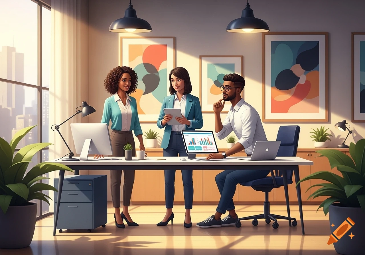 Three business professionals, two women and one man, gather around a desk with laptops and monitors displaying charts in a sunny, modern office.