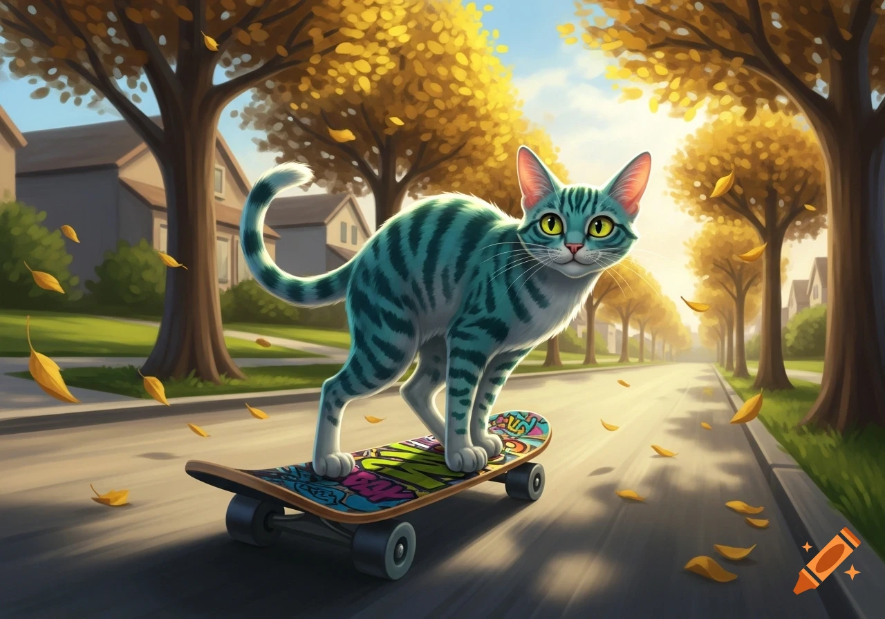 A teal striped cartoon cat rides a skateboard down a sunlit street lined with golden autumn trees.