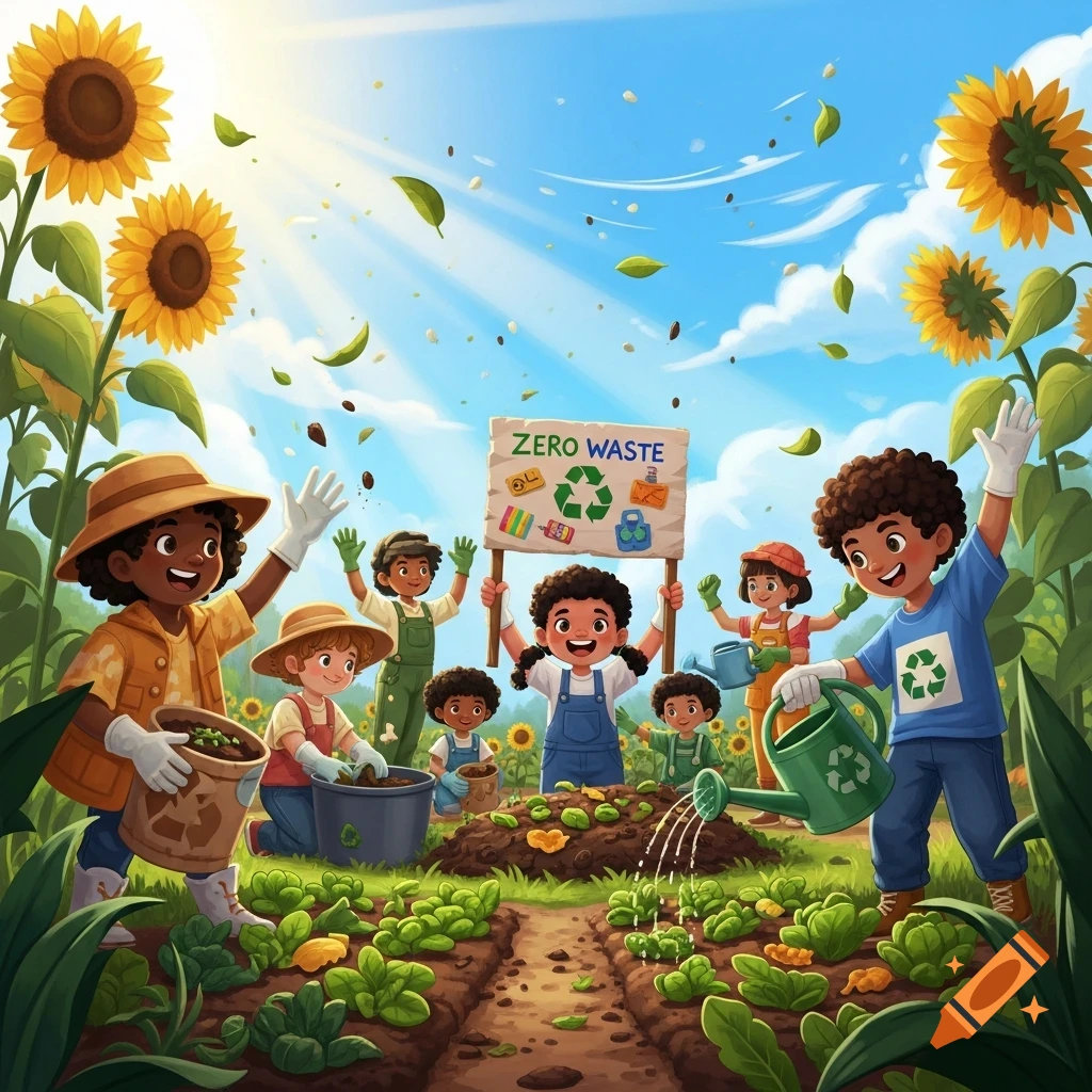 Cartoon illustration of diverse children gardening under sunflowers, holding a 'ZERO WASTE' sign and watering plants.
