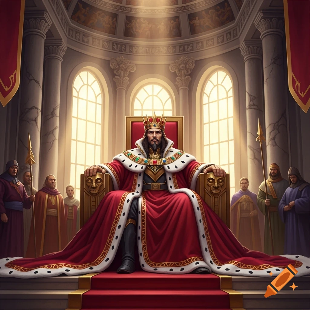 A majestic king in a red and gold robe with a crown sits on an ornate throne in a grand hall, surrounded by subjects.
