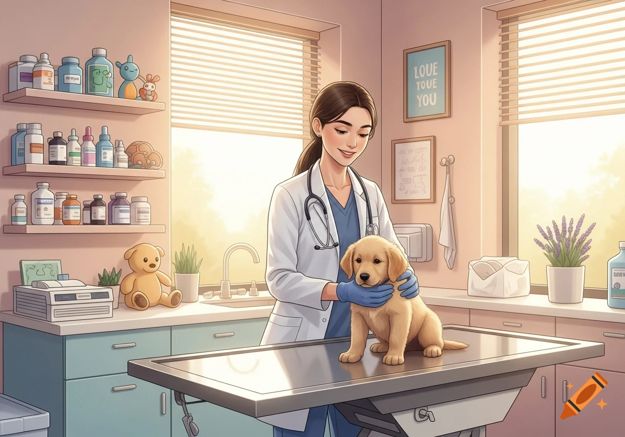 A young female veterinarian in scrubs and a white coat gently examines a golden retriever puppy on a metal table in a brightly lit vet clinic. Illustration.