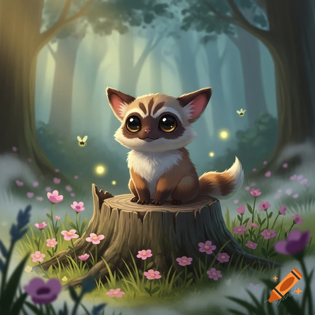 A cute, cartoon-style creature with big eyes sits on a tree stump in a magical forest with pink flowers and glowing fireflies.