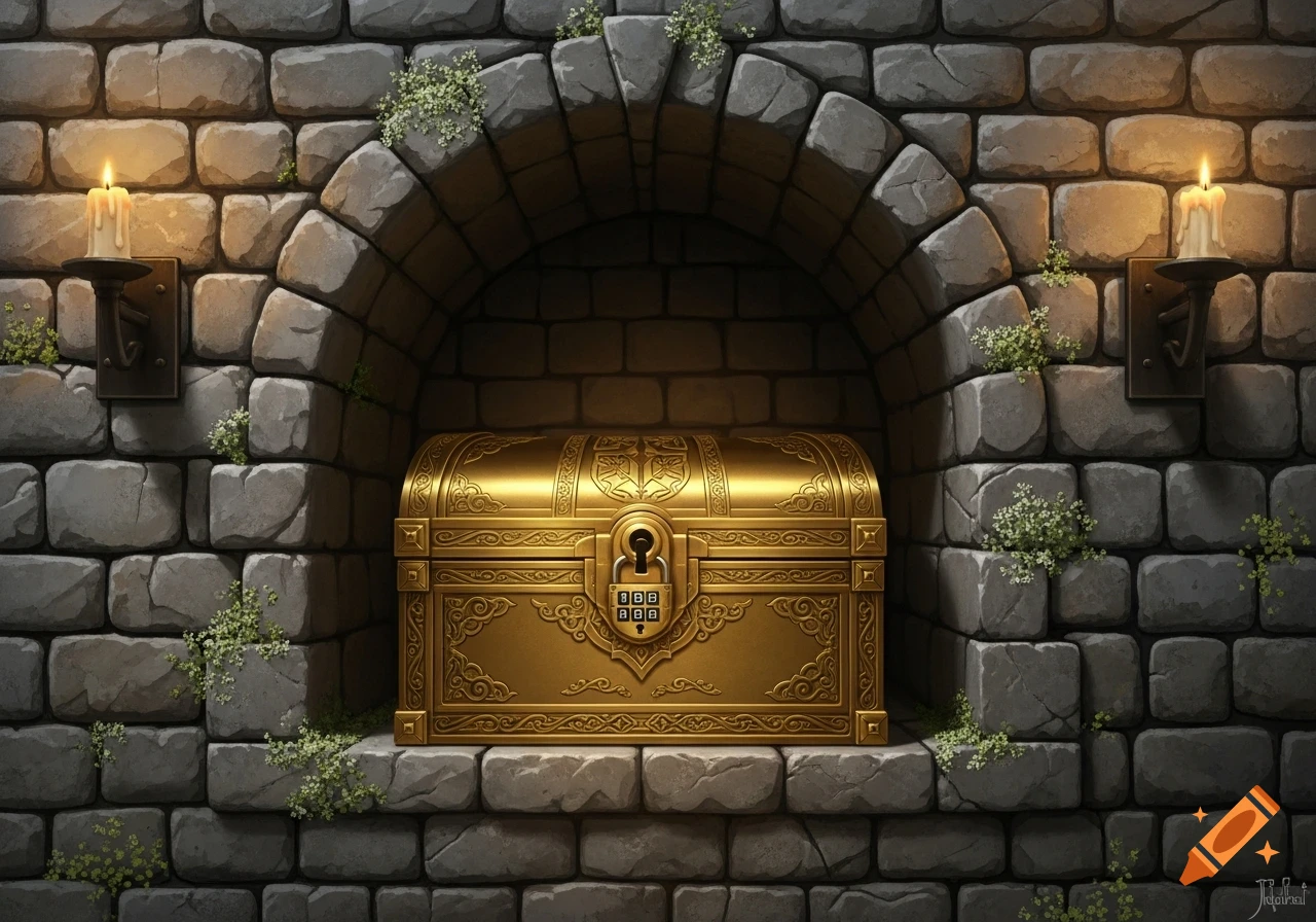 A golden treasure chest with a combination lock rests in a stone archway, illuminated by two lit candles on a stone wall.