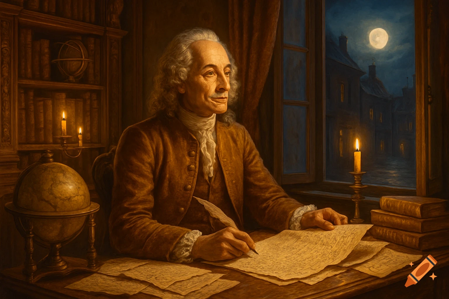 A white-haired man in historical attire writes with a quill at a desk by candlelight, looking out a window at a full moon over a town, in a classical painting style.