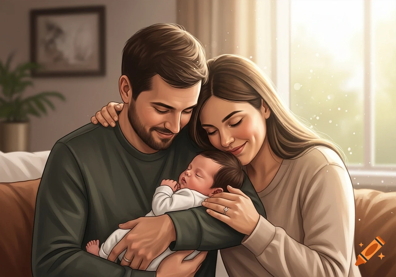 An illustrated couple, a man and a woman, lovingly embrace their sleeping newborn son with dark hair.