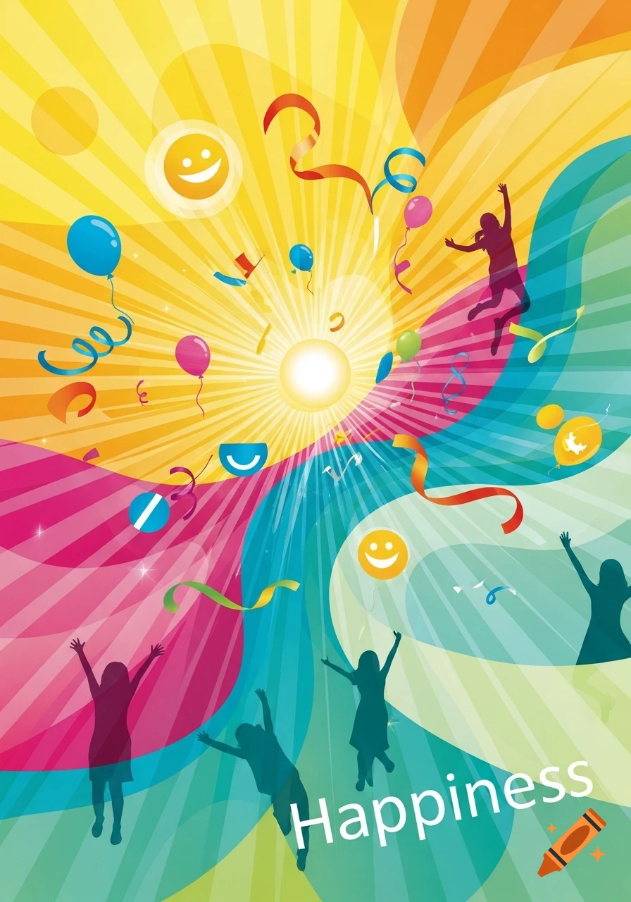 Vibrant illustration of silhouetted people jumping with balloons, confetti, and a sunburst background, with the word 'Happiness'.