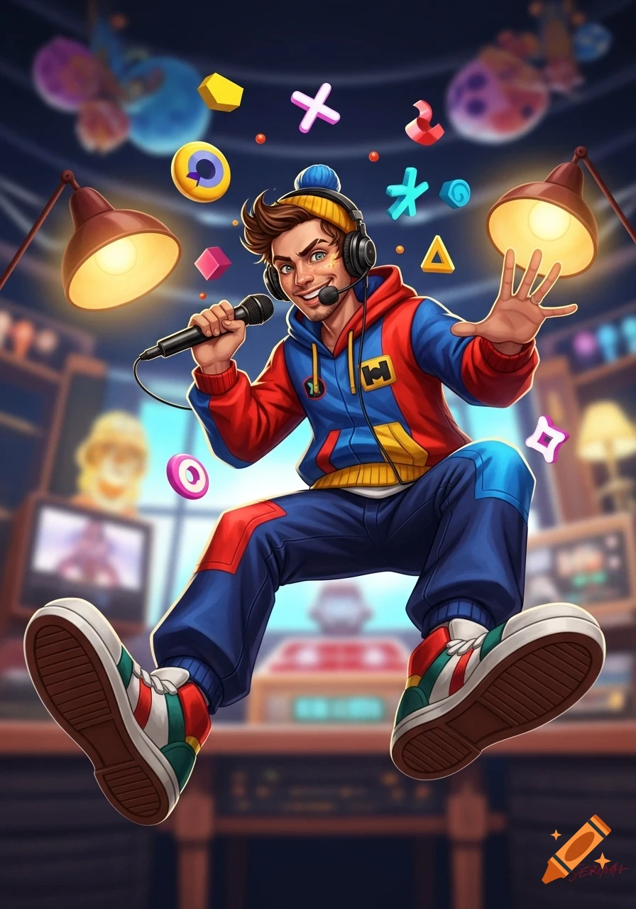A vibrant cartoon illustration of a male streamer with headphones and a mic, wearing a colorful red and blue hoodie, floating in a studio with abstract shapes.