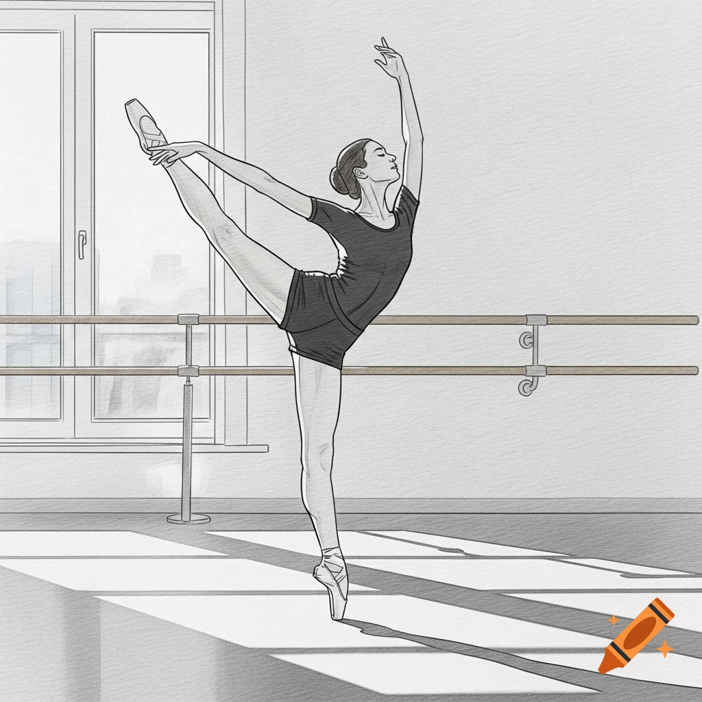 Line drawing of a ballerina in a dark leotard doing a high leg extension in a sunlit studio.