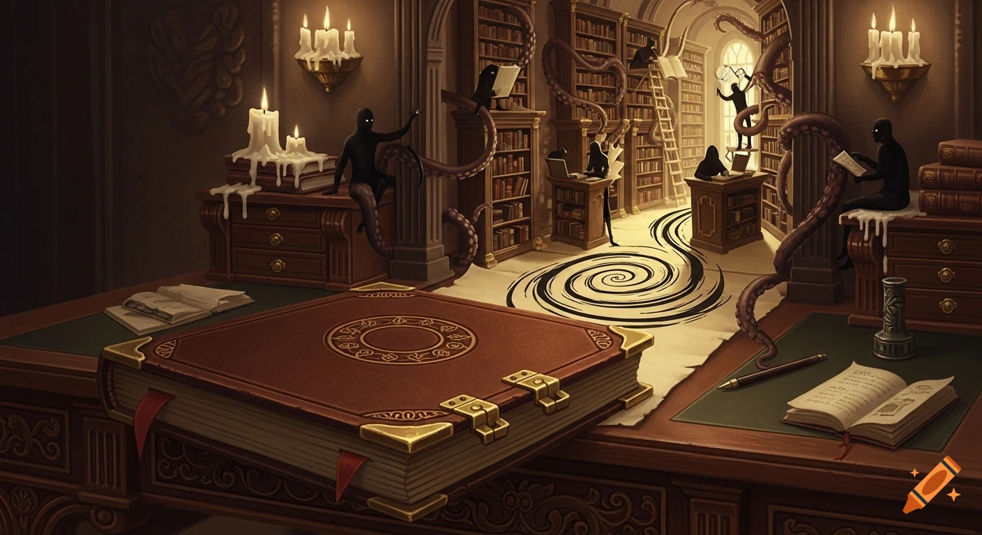 A dark, ornate library scene with shadowy, tentacled figures interacting with books, lit by flickering candles. A large, brass-clasped grimoire is open in the foreground, with swirling black ink on a parchment scroll behind it, leading to the back of the library where more figures are on ladders and desks.