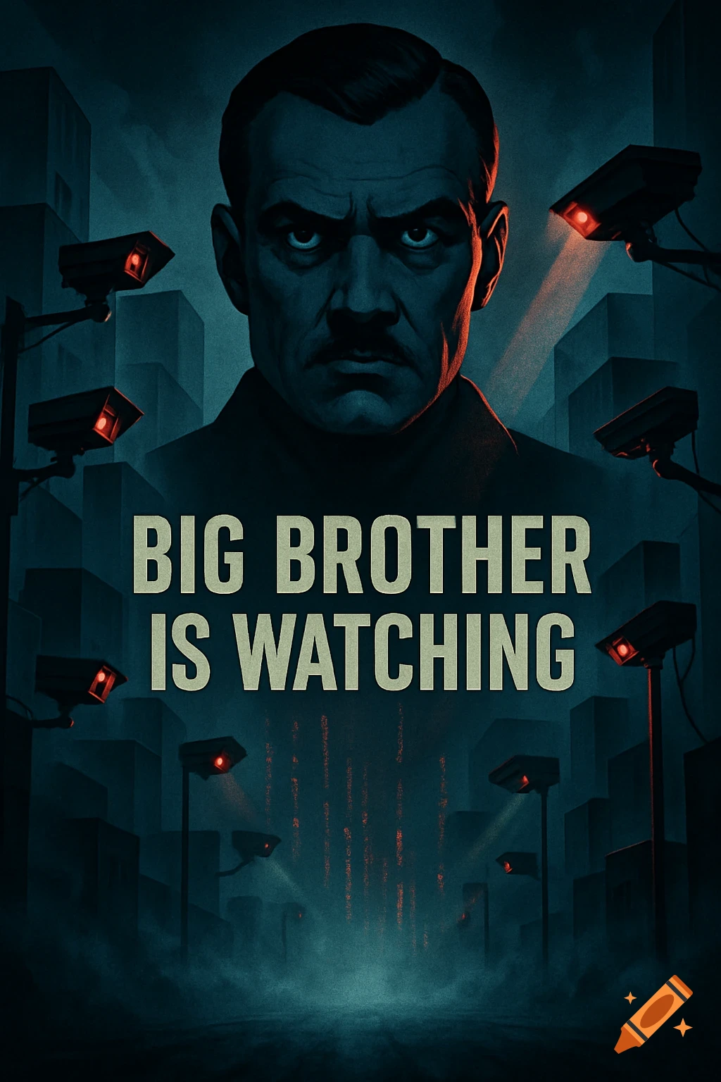 Stylized illustration of a stern man above a city of surveillance cameras, text 'BIG BROTHER IS WATCHING'.