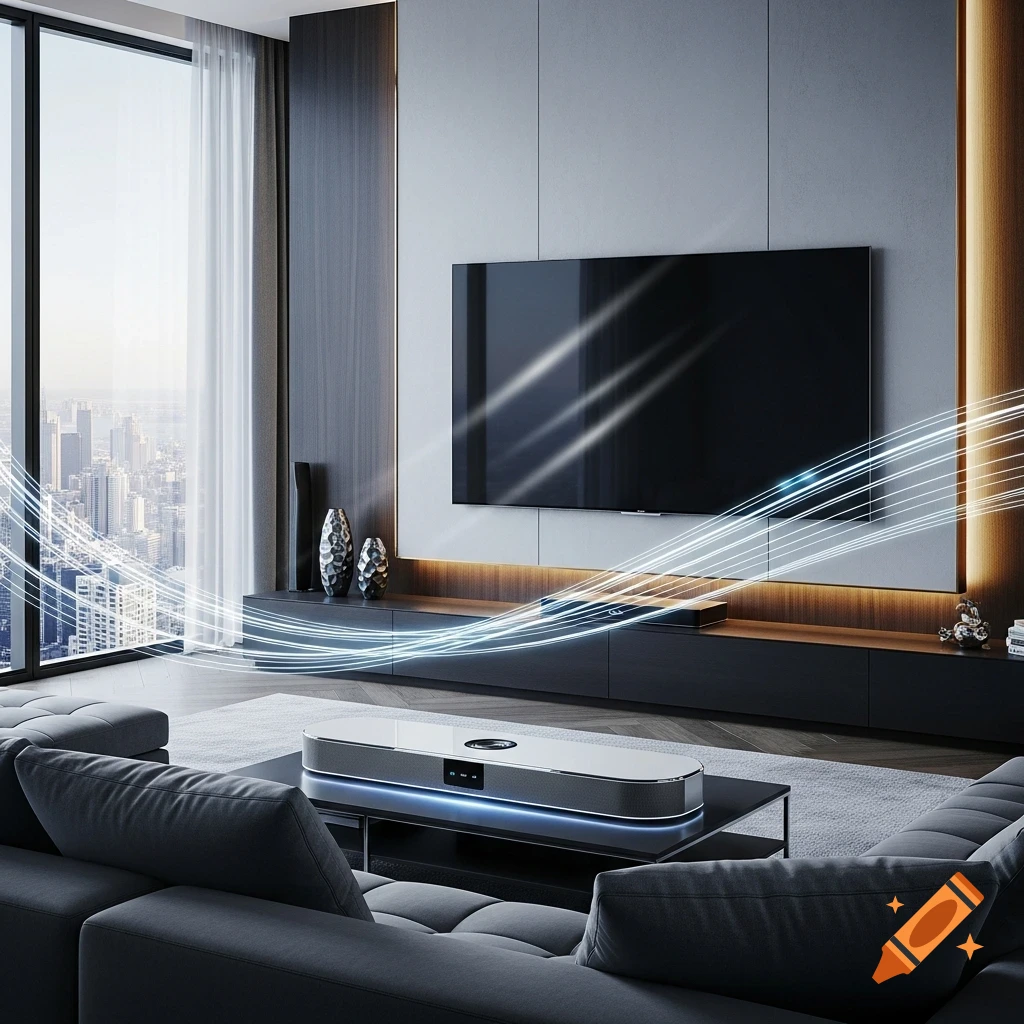 A modern living room with a large TV, a soundbar on a coffee table, and a cityscape view from a large window. Light trails emanate from the soundbar.