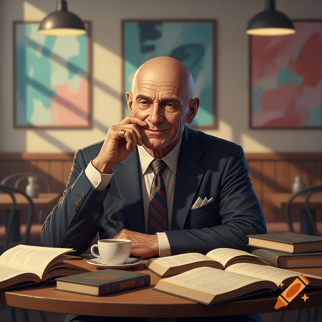 A smiling bald man in a suit sits at a cafe table surrounded by open books and a cup of coffee.